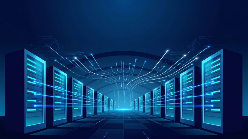 Modern enterprise data center with interconnected servers and digital data streams representing the IT infrastructure that supports AI productivity and operational performance.