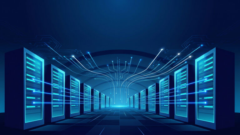 Modern enterprise data center with interconnected servers and digital data streams representing the IT infrastructure that supports AI productivity and operational performance.