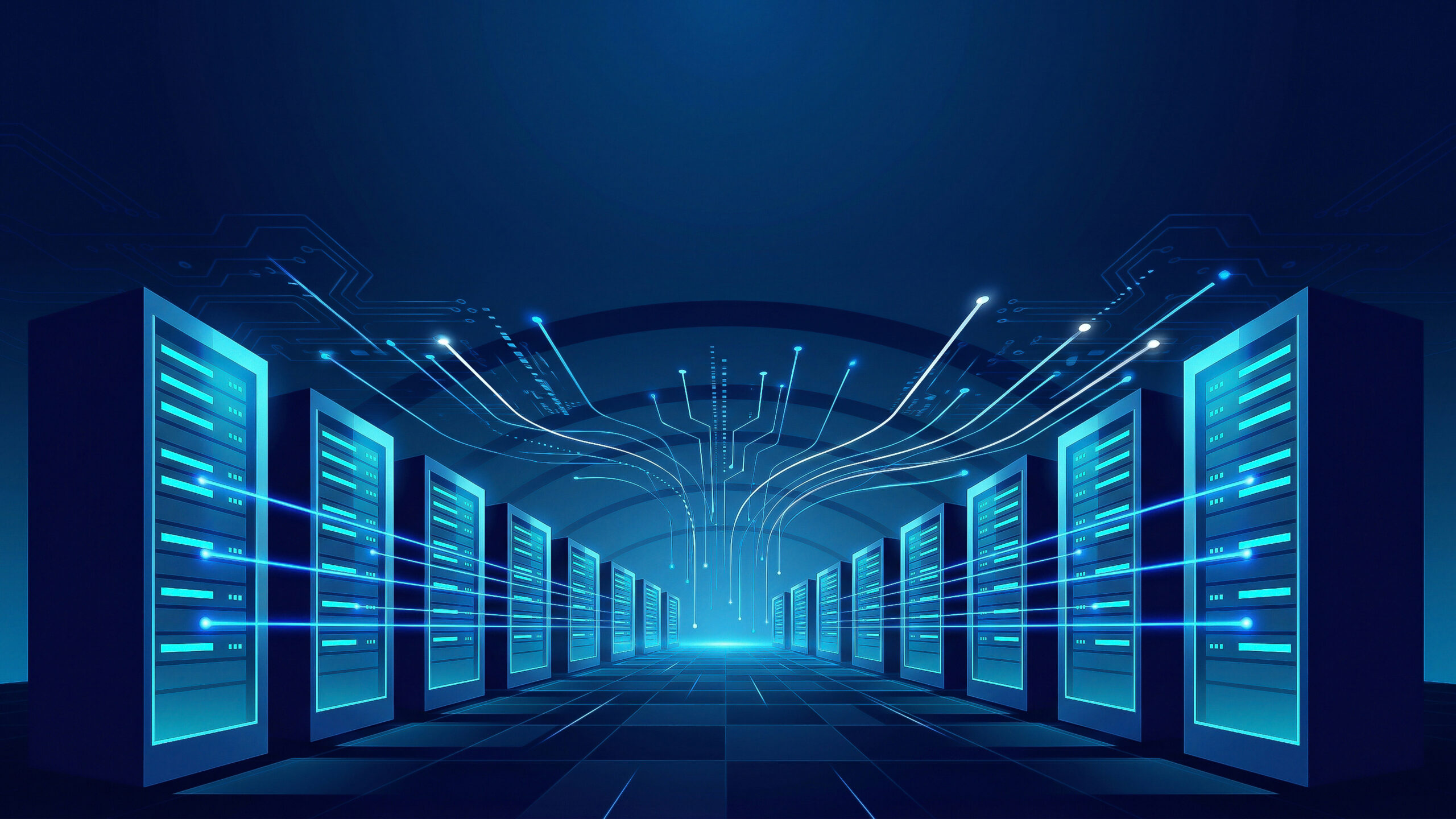 Modern enterprise data center with interconnected servers and digital data streams representing the IT infrastructure that supports AI productivity and operational performance.