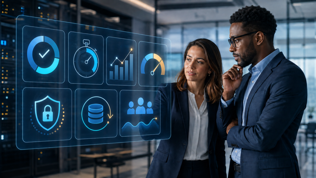 IT professionals reviewing a dashboard with IT performance metrics for reliability, recovery, security, backups, and user impact.