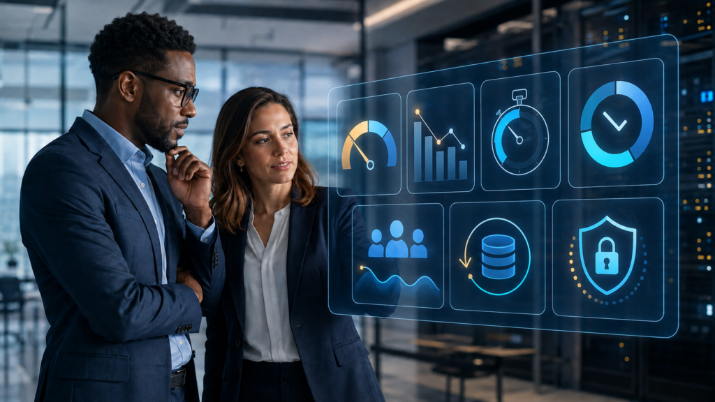 IT professionals reviewing a dashboard with IT performance metrics for reliability, recovery, security, backups, and user impact.