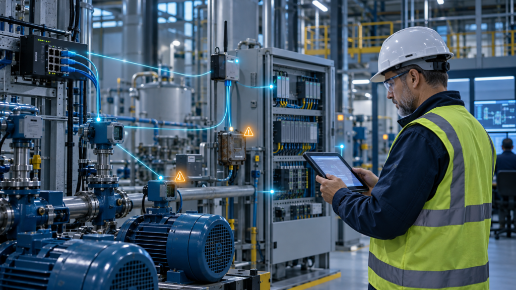 Industrial engineer assessing OT network integration across connected PLCs, sensors, and industrial equipment.