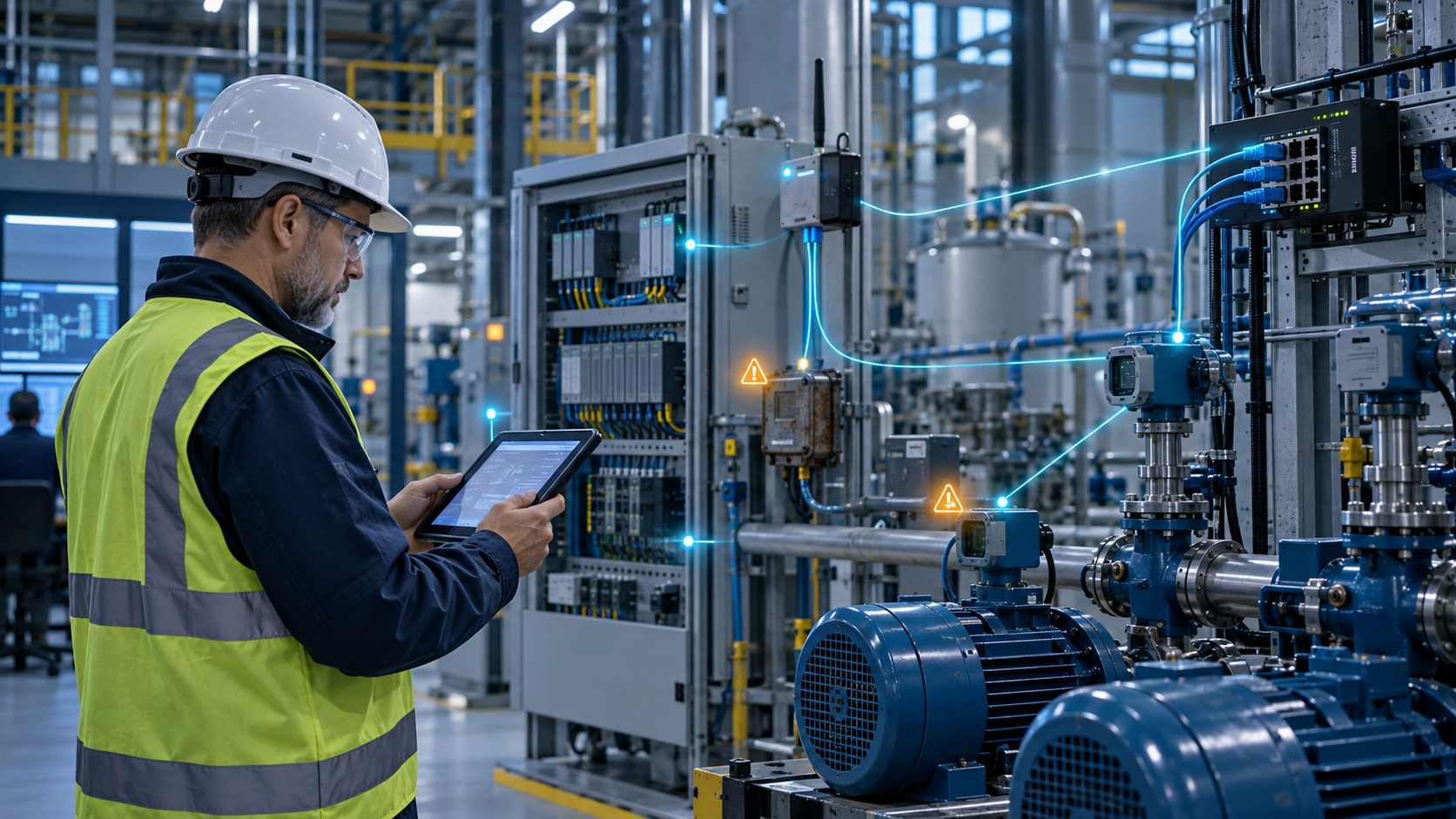Industrial engineer assessing OT network integration across connected PLCs, sensors, and industrial equipment.