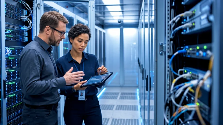 IT professionals reviewing a network plan in a data center, illustrating Texas DIR IT modernization planning.