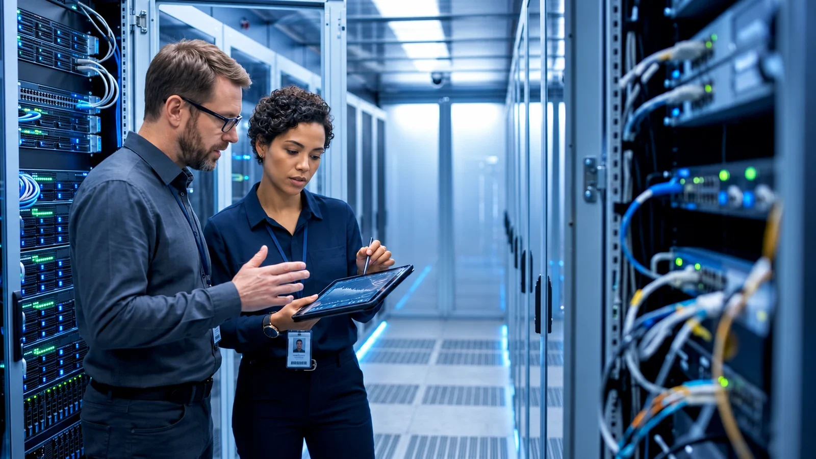 IT professionals reviewing a network plan in a data center, illustrating Texas DIR IT modernization planning.