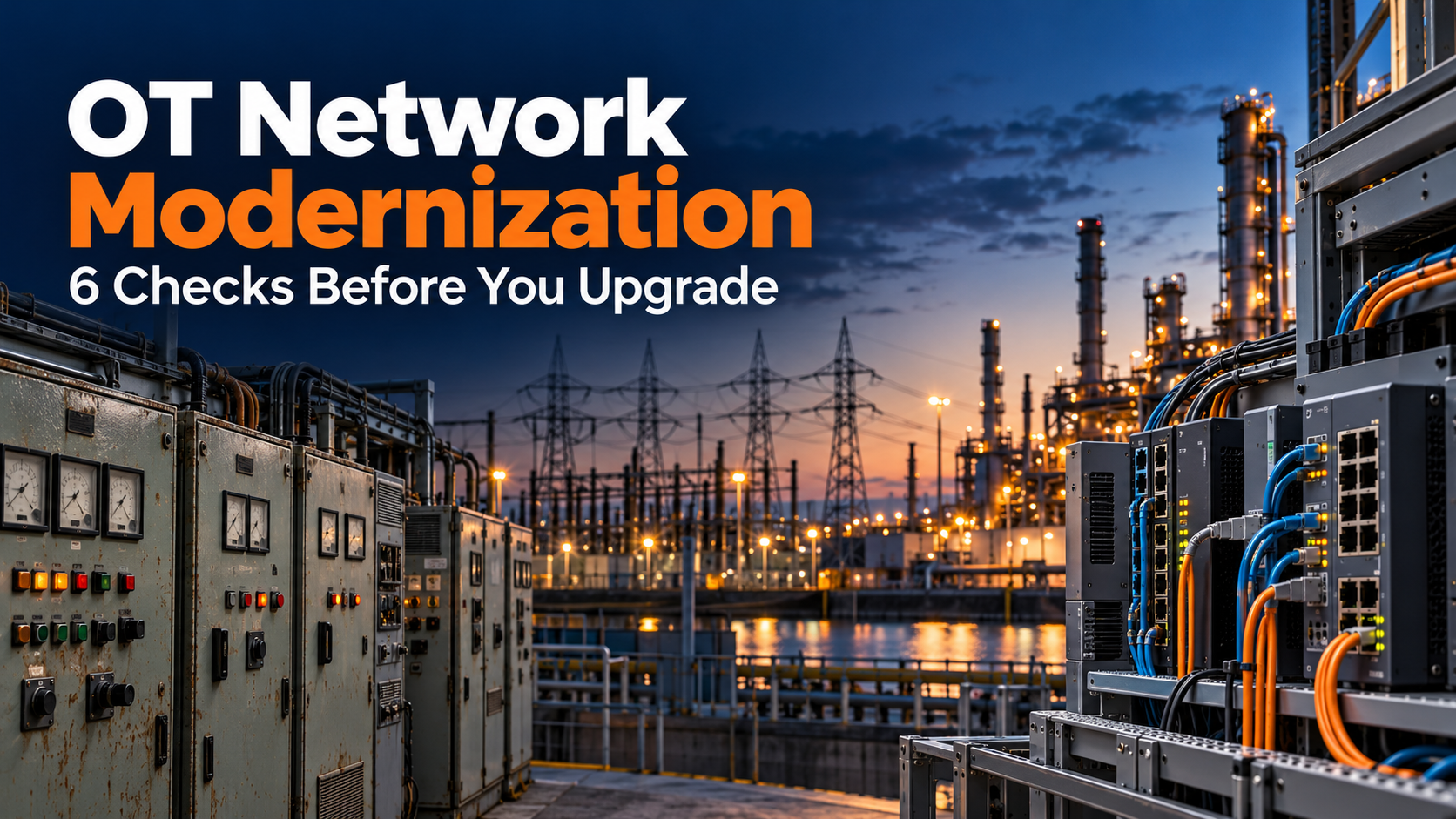 OT network modernization showing legacy control panels and modern industrial network switches at a utility and refinery facility.